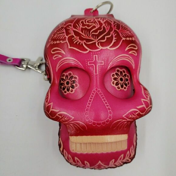 Sugar Skull Leather Wristlet Wallet Hot Pink Day of the Dead Coin Purse Keychain - Picture 15 of 15